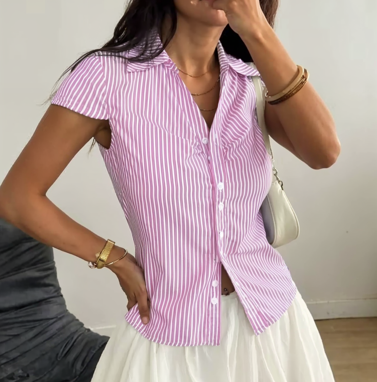 Striped Short Sleeve Button Up Top