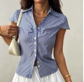 Striped Short Sleeve Button Up Top