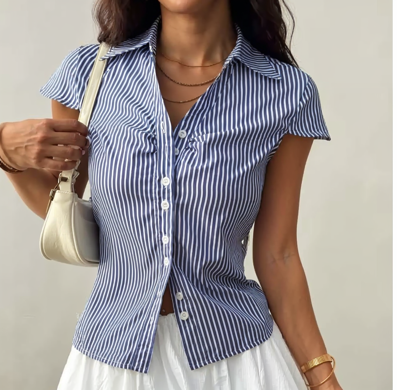 Striped Short Sleeve Button Up Top