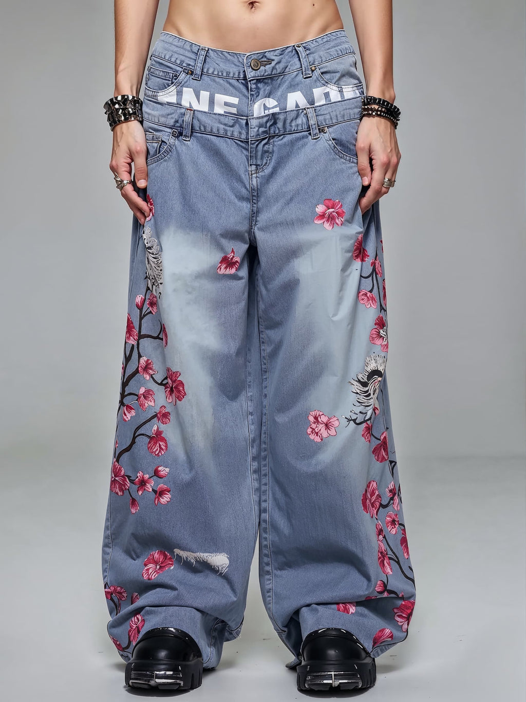 Low Rise Dual Waistband Sakura Tree Jeans