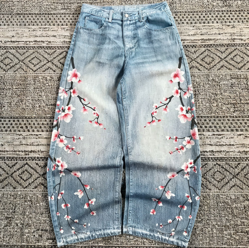 Low Rise Dual Waistband Sakura Tree Jeans