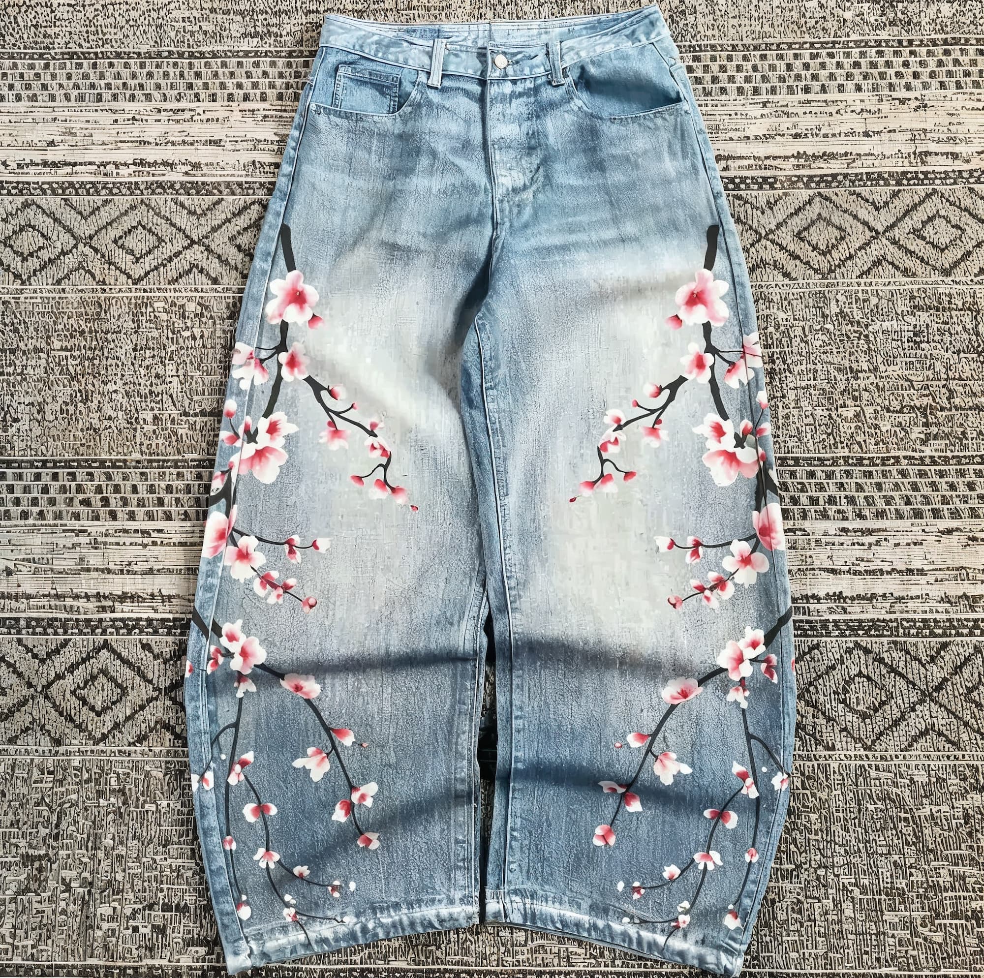 Low Rise Dual Waistband Sakura Tree Jeans