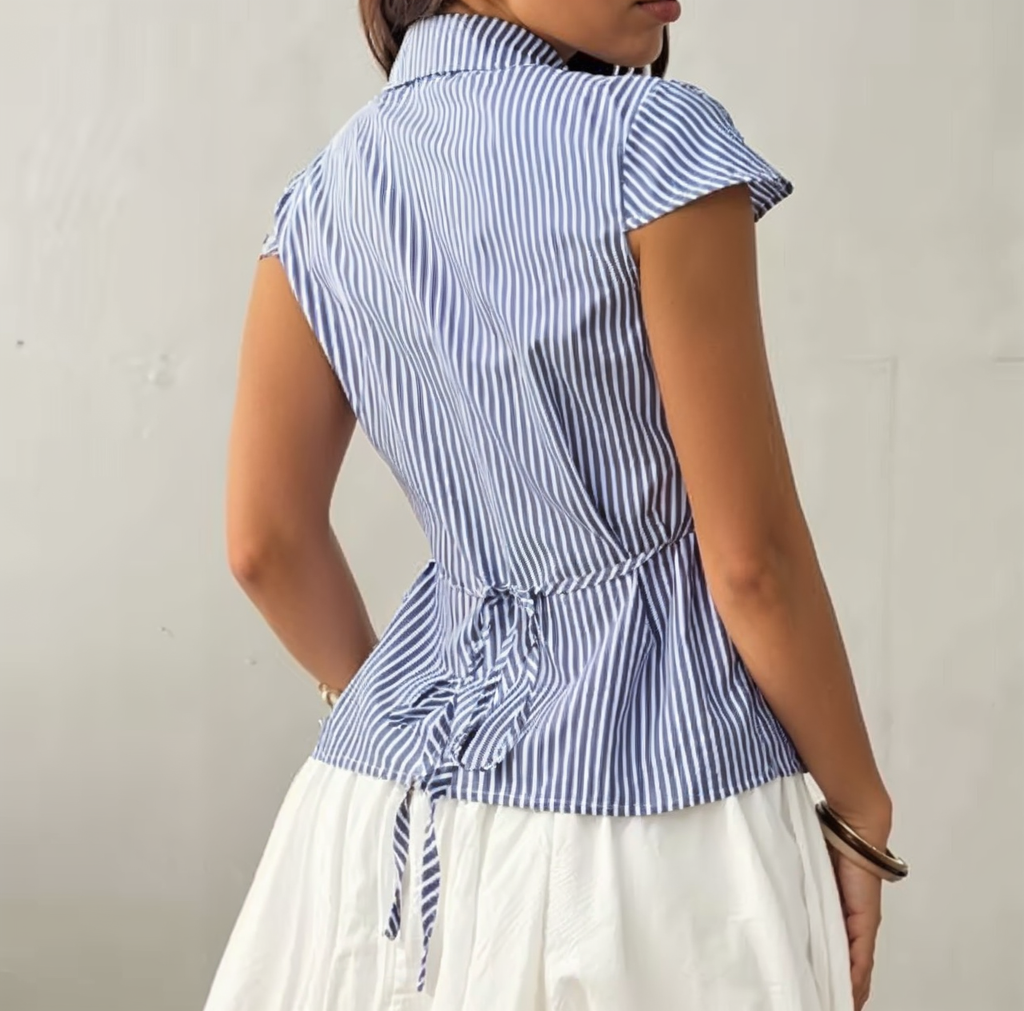Striped Short Sleeve Button Up Top