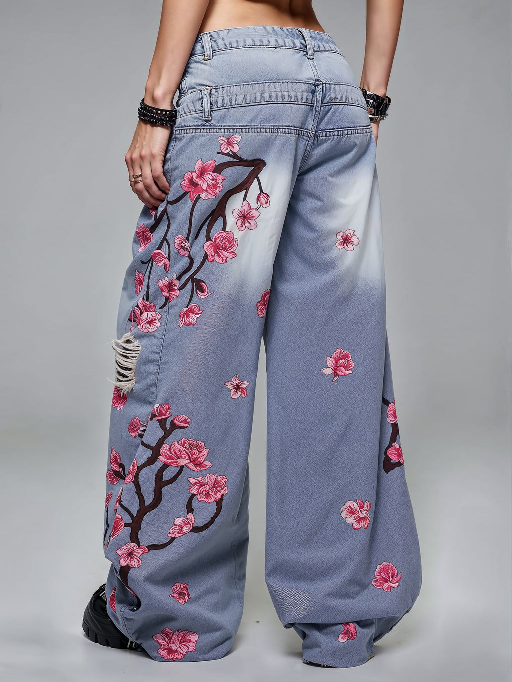 Low Rise Dual Waistband Sakura Tree Jeans
