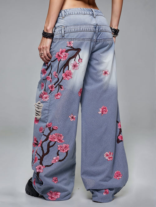 Low Rise Dual Waistband Sakura Tree Jeans
